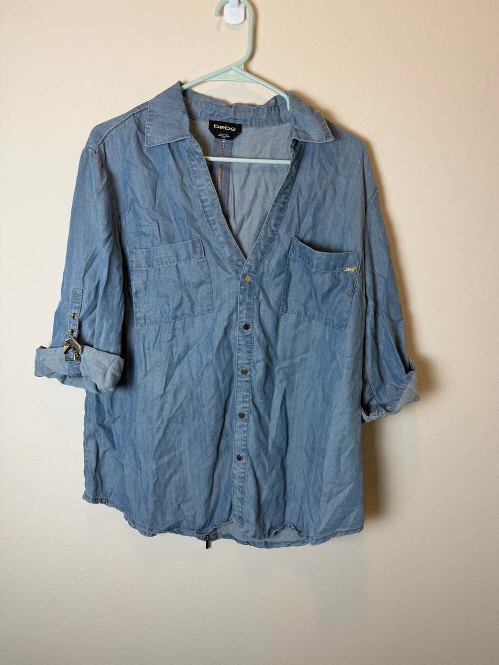 bebe Women's Blue Denim Chambray Full Zip Back Roll-Up Sleeve Shirt XL